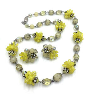Vintage Vendome Set Yellow Glass Bead Cluster AB Necklace & Earrings Rare OOAK